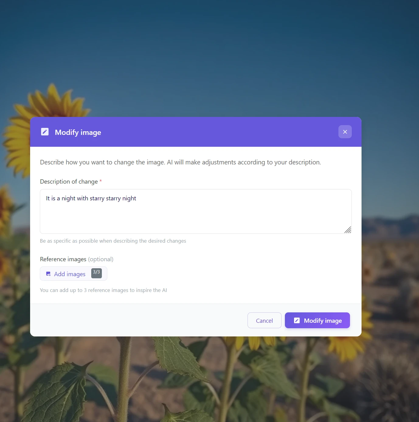 Dialog Modify image v GuideGlare s popisem změny na zimní krajinu