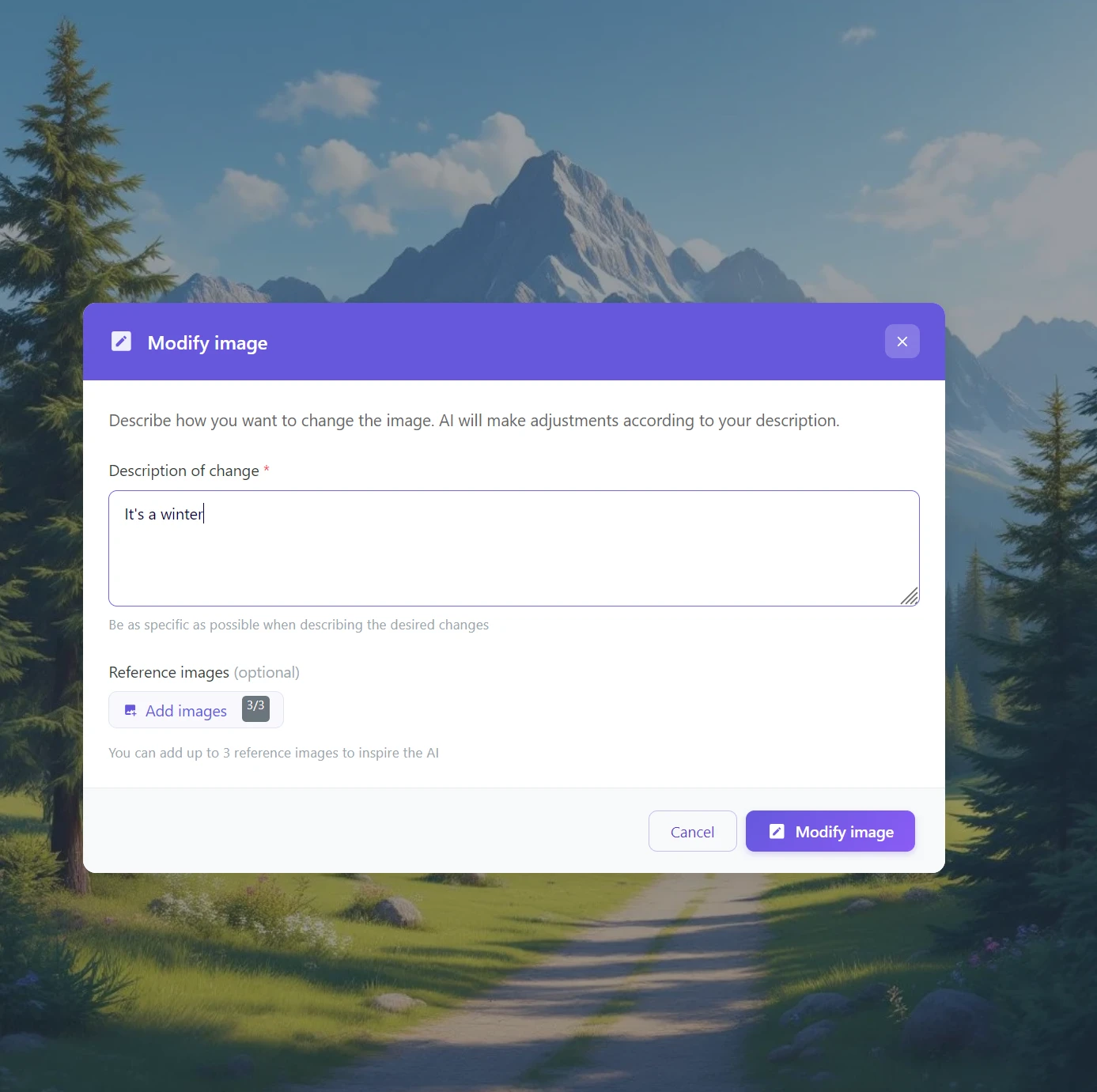Dialog Modify image v GuideGlare s popisem změny na noční scénu s hvězdnou oblohou