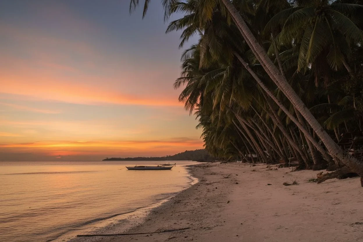 Stejná pláž s palmami při zlatém západu slunce s teplými barvami oblohy