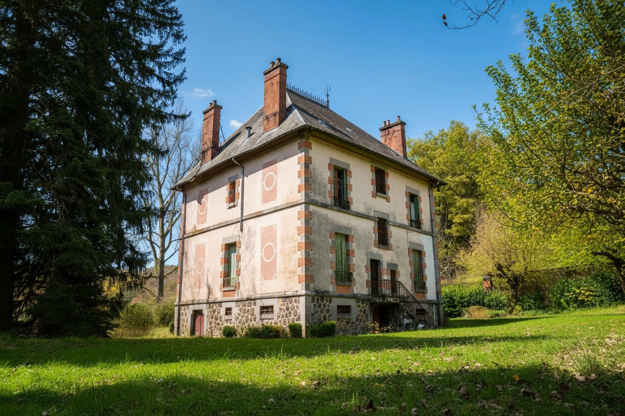 Stejný dům za jasného slunečného dne s modrou oblohou a zelenou trávou