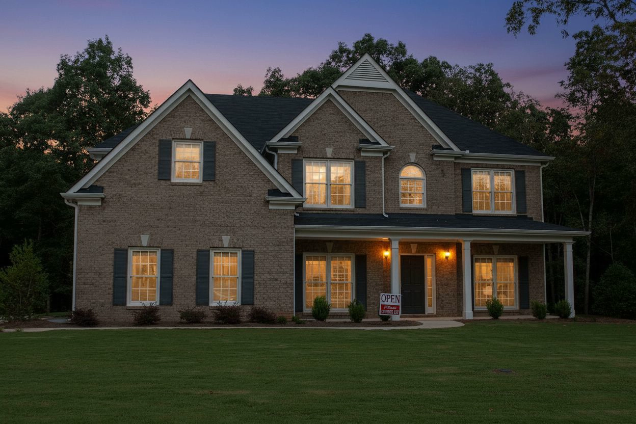 Cihlový dům při večerním soumraku s rozsvícenými okny a fialovým nebem