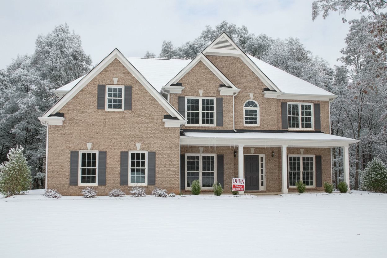 Stejný cihlový dům pokrytý sněhem za zimního dne