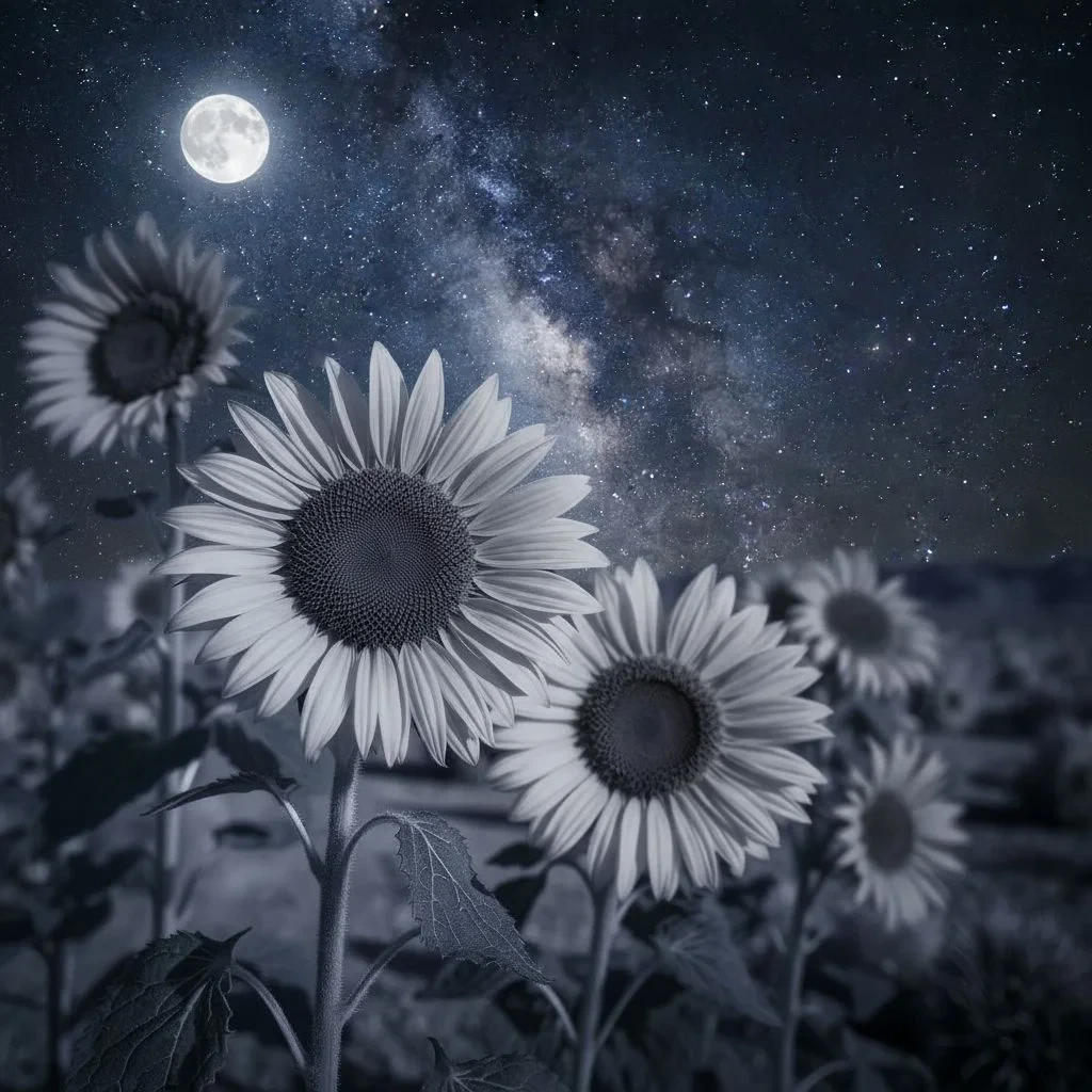 Slunečnice v noci pod hvězdnou oblohou s úplňkem ve tmavých tónech