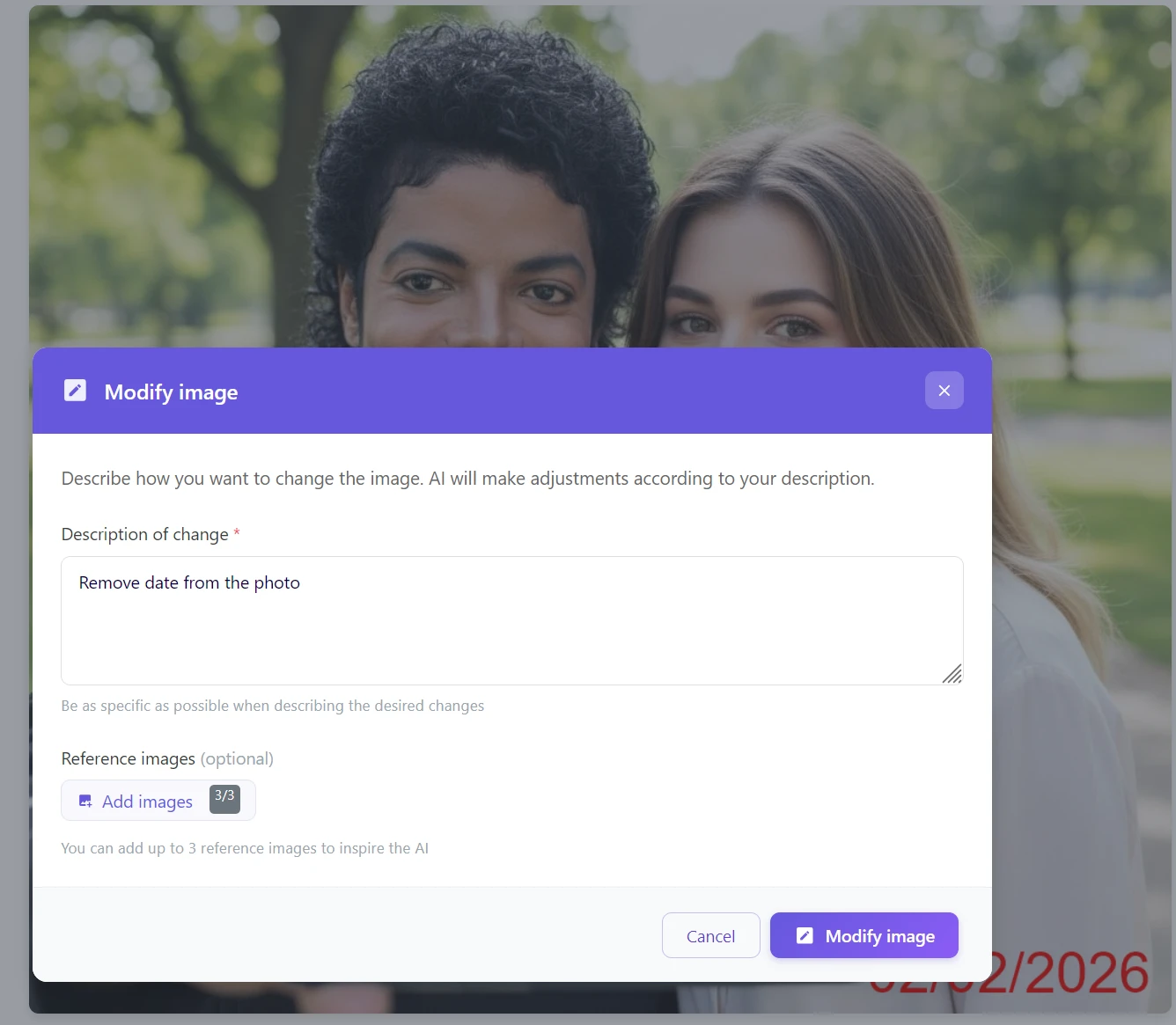 Dialogové okno Modify Image s příkazem Remove date from the photo