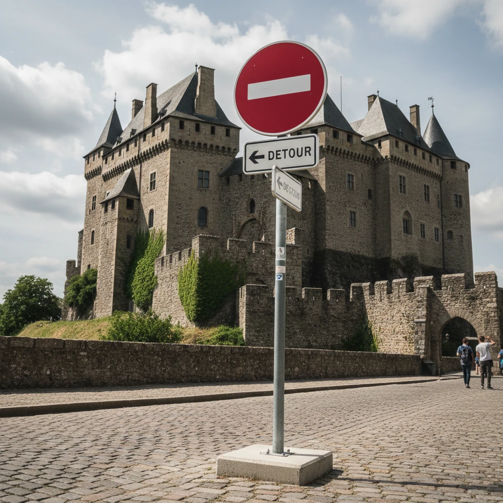 Historická budova s rušivou dopravní značkou v popředí
