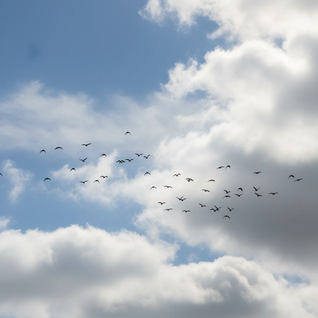 Obloha s hejnem ptáků před AI inpaintingem