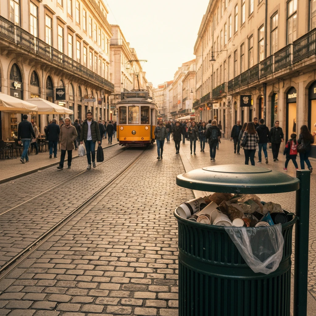 Turistická ulice s odpadkovým košem v první linii pohledu