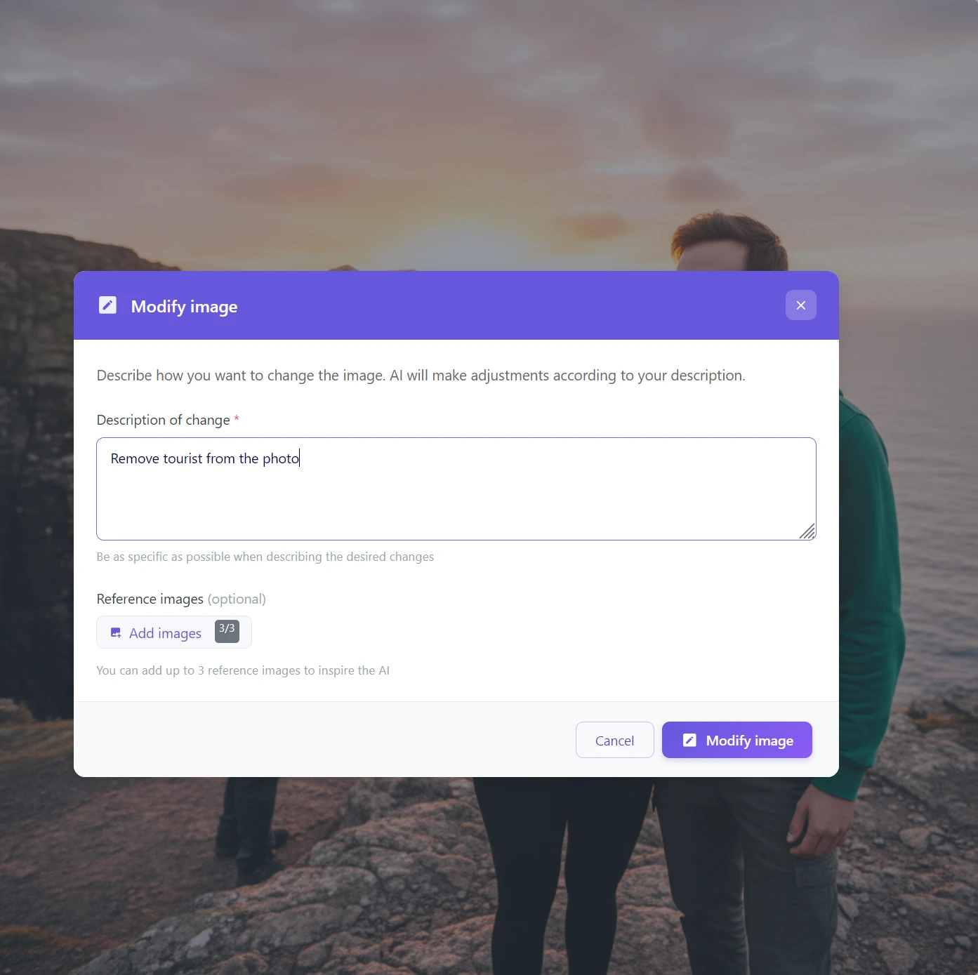 Rozhraní GuideGlare s polem pro textový popis AI úpravy fotky