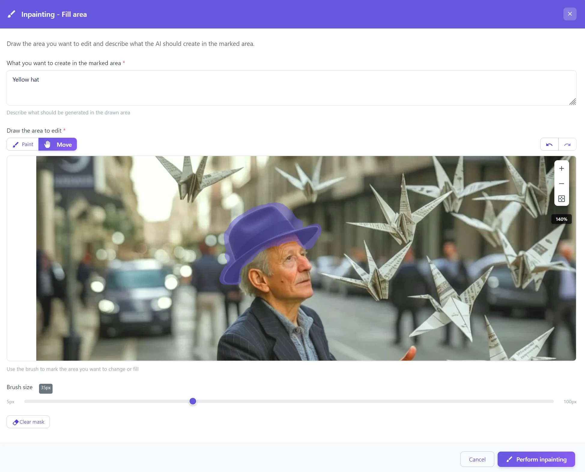 Označení klobouku štětcem pro AI inpainting