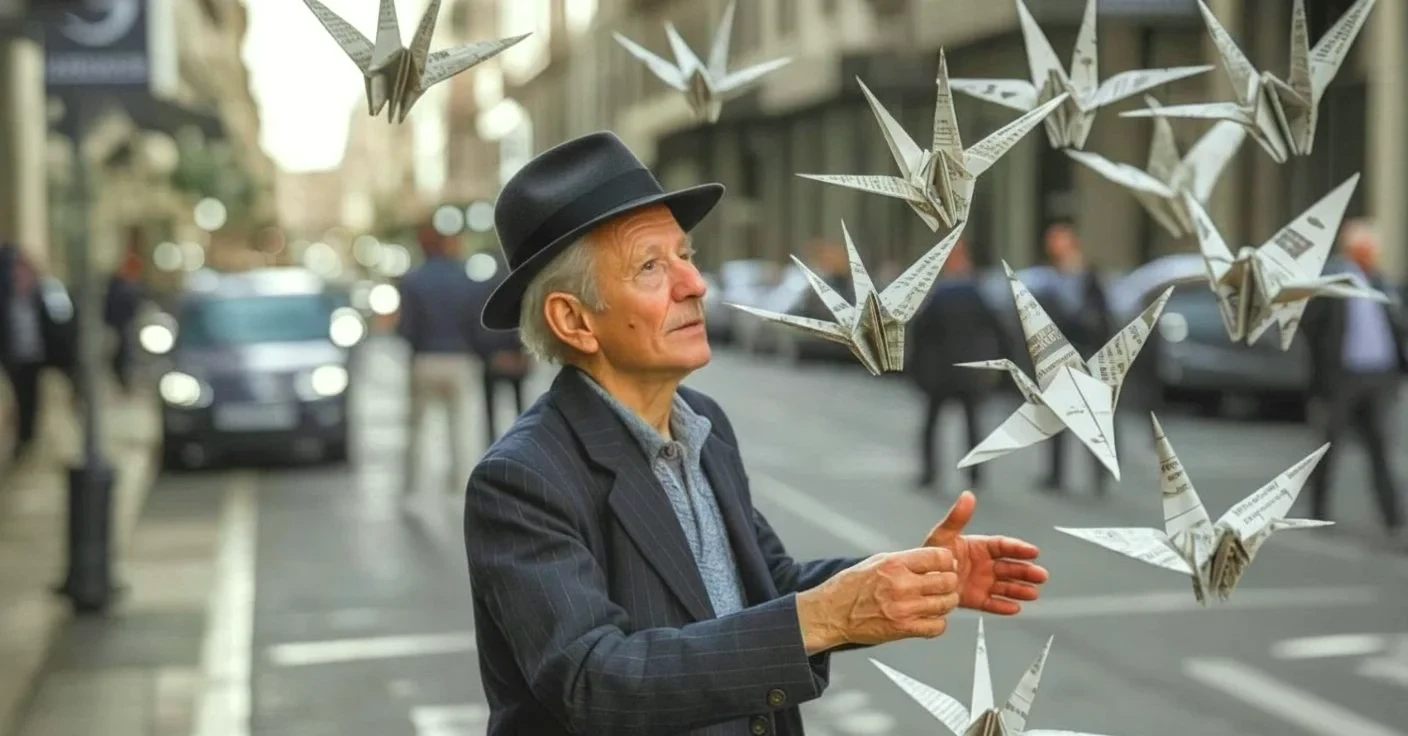 Muž na ulici s černým kloboukem před AI inpaintingem