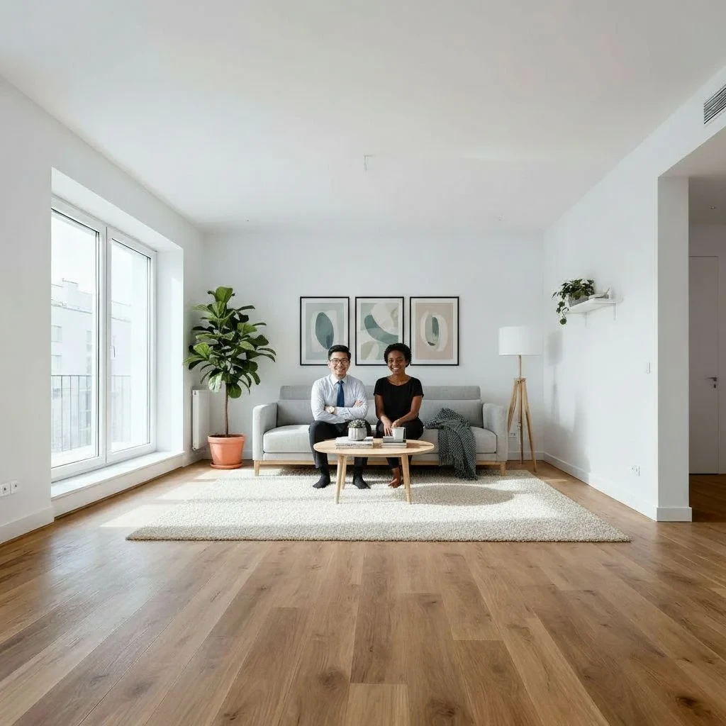 Prázdná místnost s doplněnými dvěma osobami sedícími na pohovce po sloučení fotografií pomocí AI