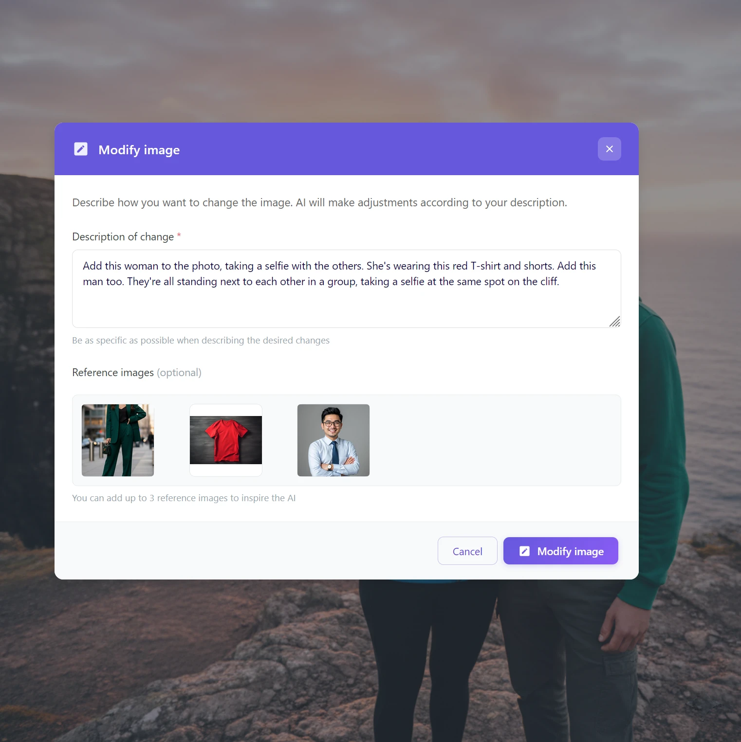 Dialog s detailnějším popisem přidání ženy a muže do skupinové selfie se třemi referenčními fotkami