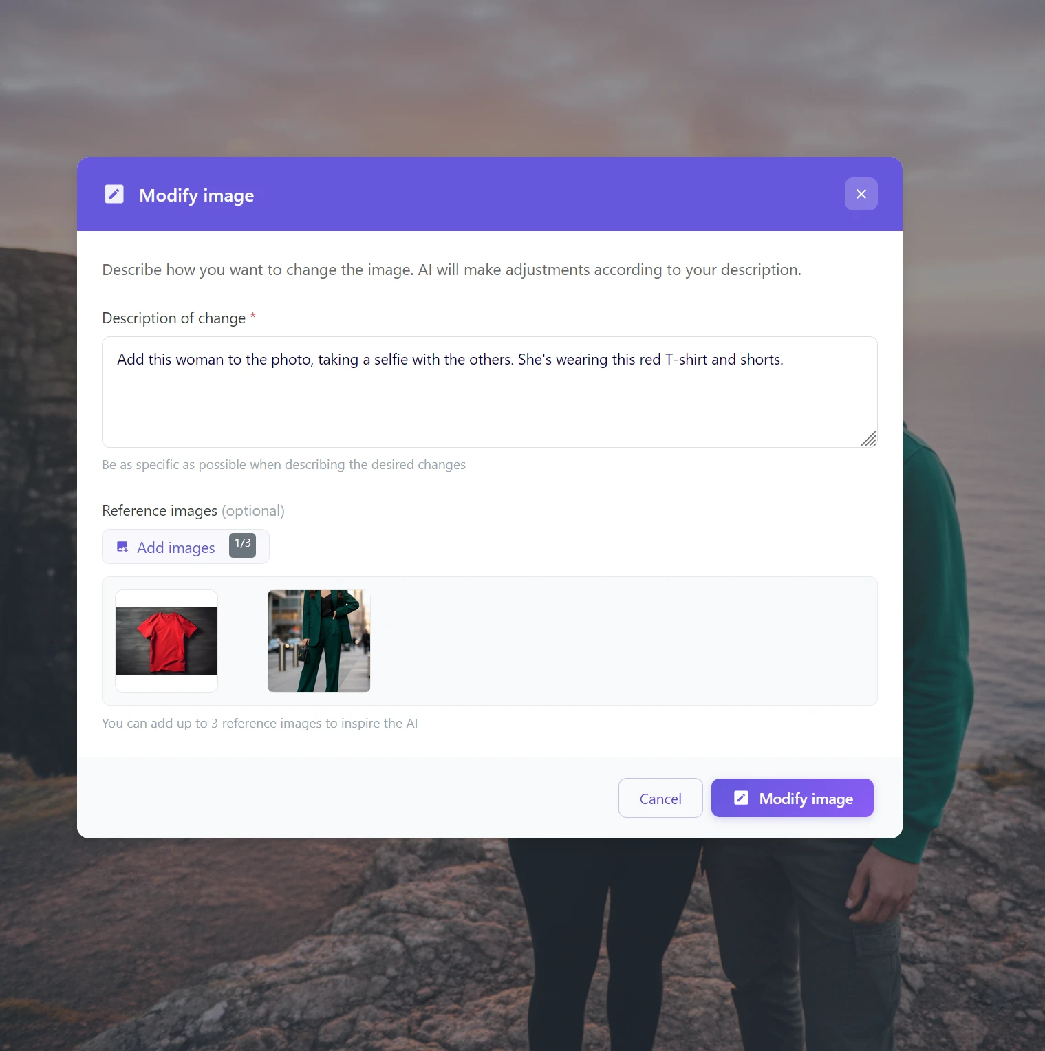 Dialog Modify image s referenčními obrázky – červené tričko a žena v zeleném obleku přidány jako reference