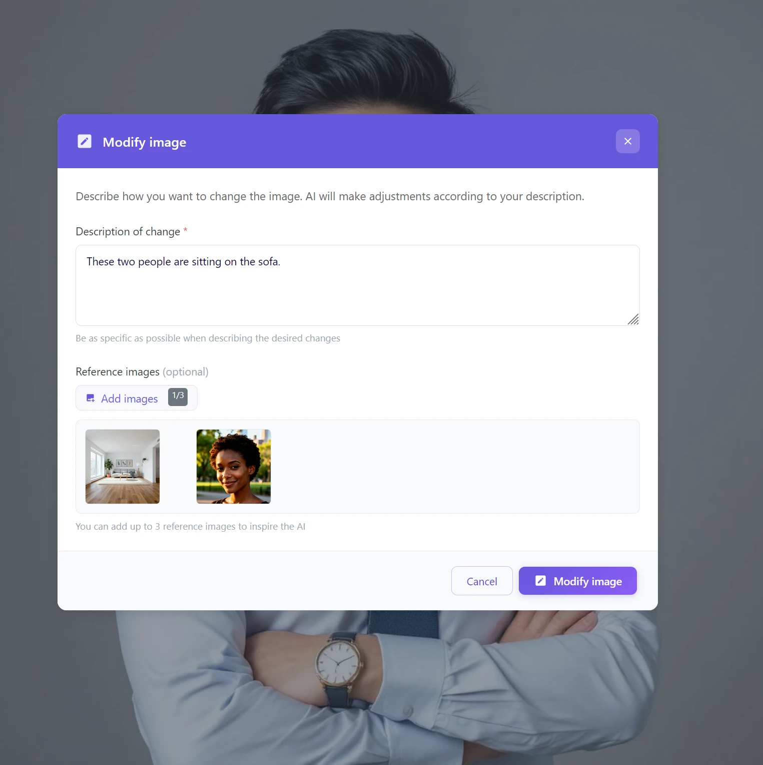 Dialog Změna obrázku v AI aplikaci GuideGlare s referenčními obrázky místnosti a portrétu ženy a popisem změny