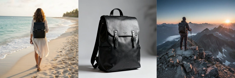 Koláž tří fotek, referenční obrázek batohu je uprostřed, vygenerované fotky ženy s batohem vlevo a muže s batohem vpravo