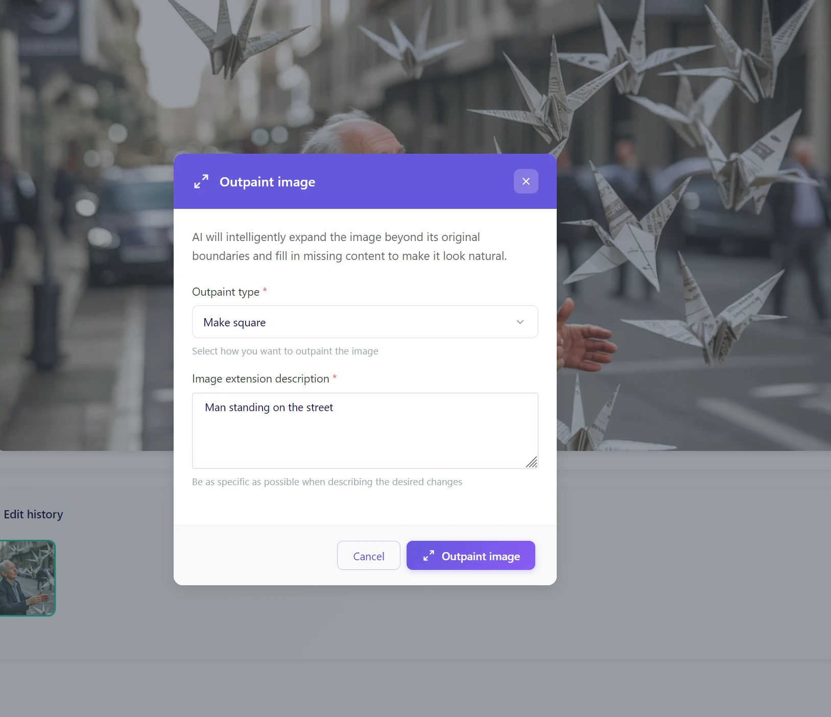 Dialog Rozšířit obrázek v AI GuideGlare s volbou Make square a popisem scény