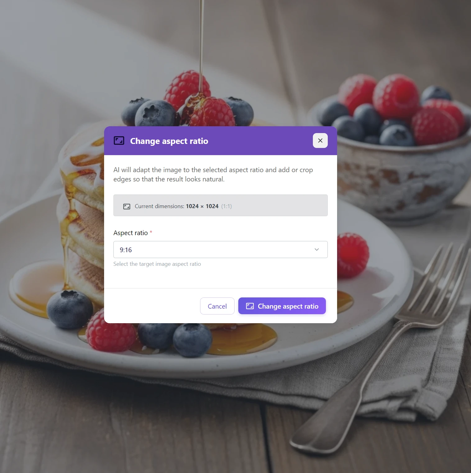 Dialog Změnit poměr stran v AI editoru GuideGlare s aktuálními rozměry 1024x1024 a výběrem poměru 9:16