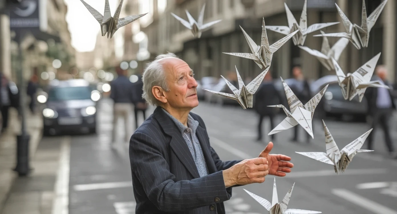 Muž s origami jeřáby na ulici v horizontálním formátu