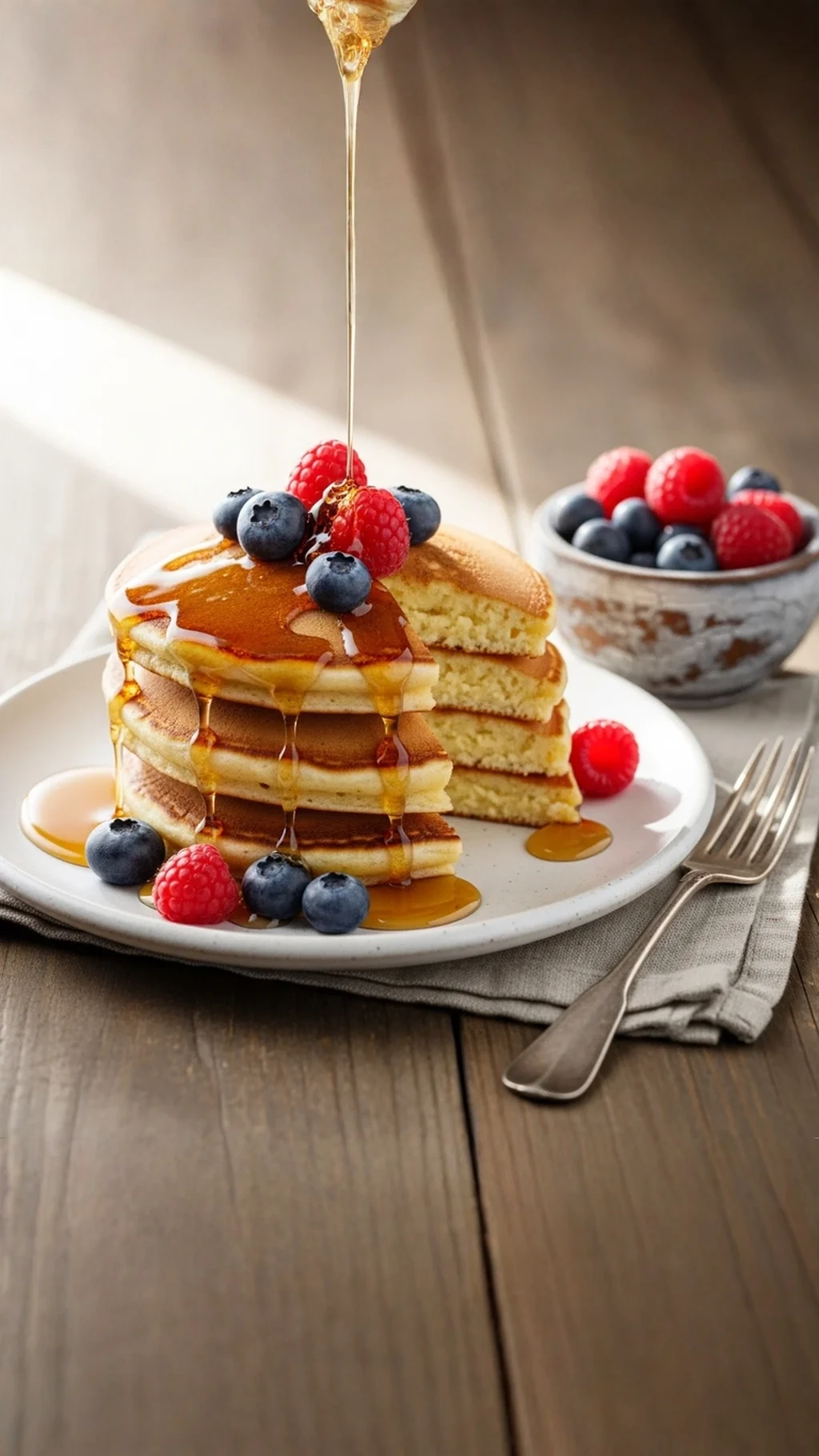 Stejná fotka palačinek rozšířená do vertikálního formátu 9:16 s AI doplněným pozadím