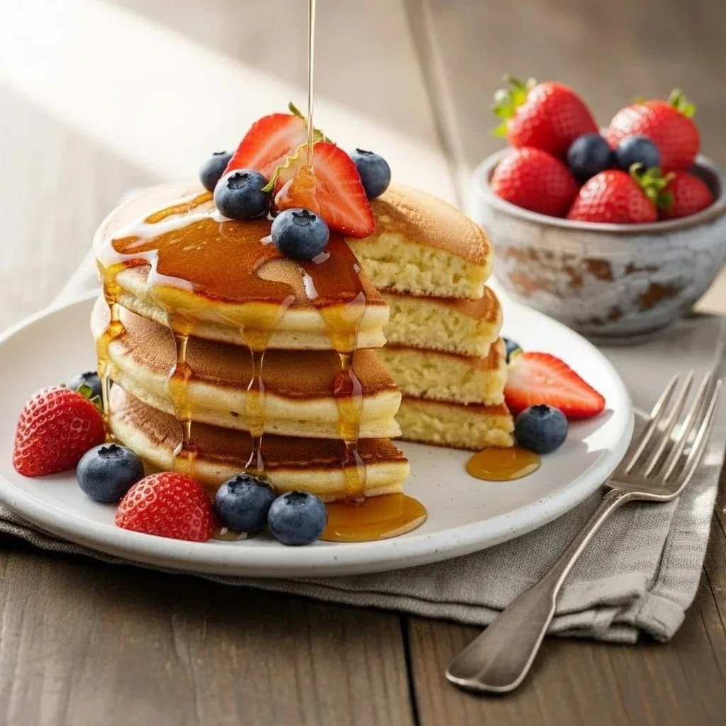 Fotka palačinek s ovocem ve čtvercovém formátu 1:1