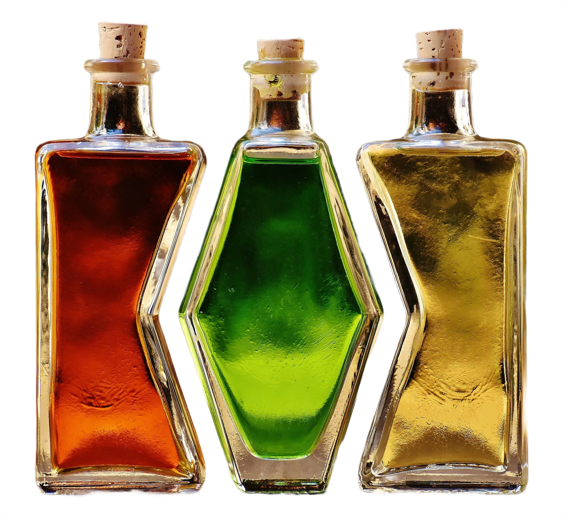 Produktová fotka tří lahví po vymazání pozadí pomocí AI s ukázkou zachování průhlednosti materiálů