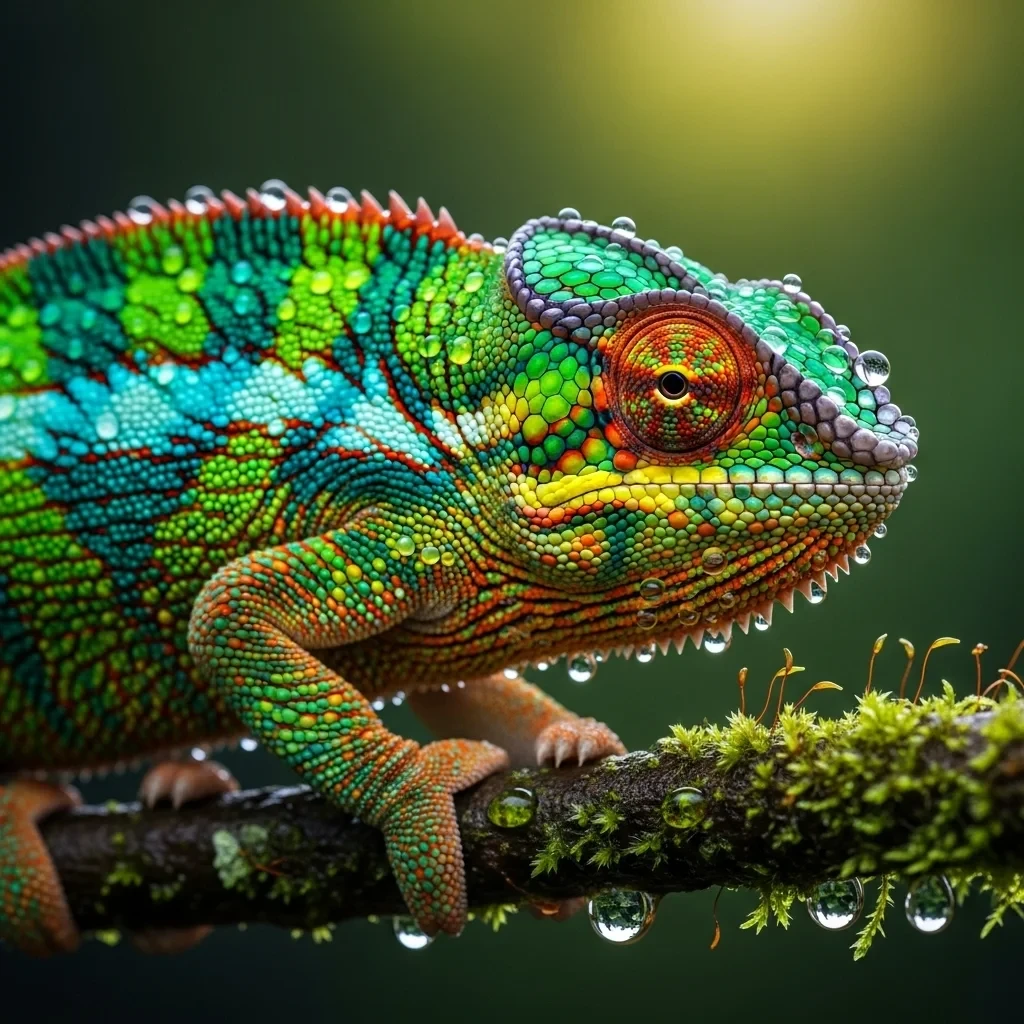 Původní fotka chameleona na větvi před odstraněním pozadí