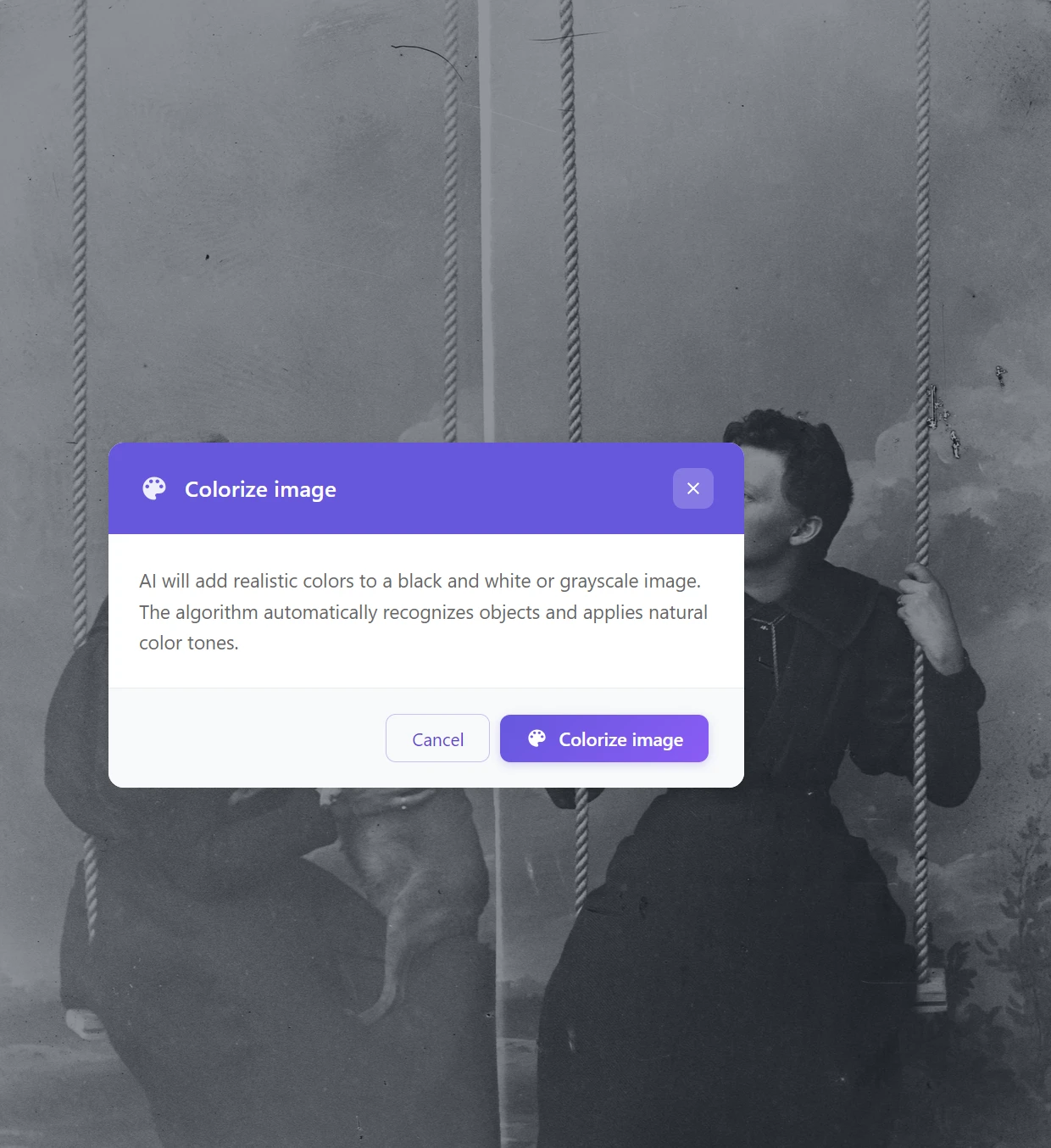 Dialog pro AI kolorizaci fotografie v rozhraní GuideGlare
