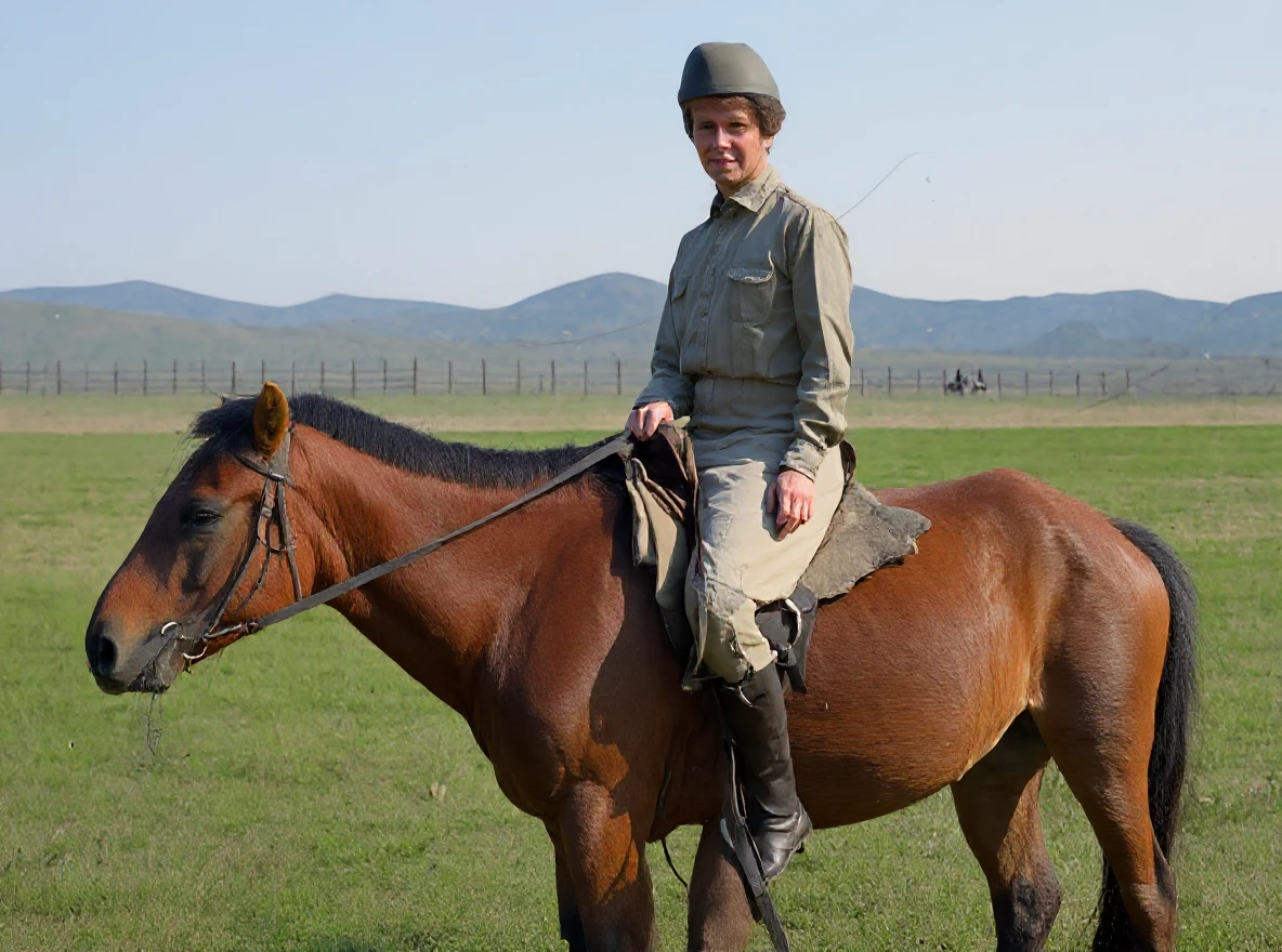 Kolorizovaná verze fotografie jezdce s realistickými barvami krajiny a oblečení