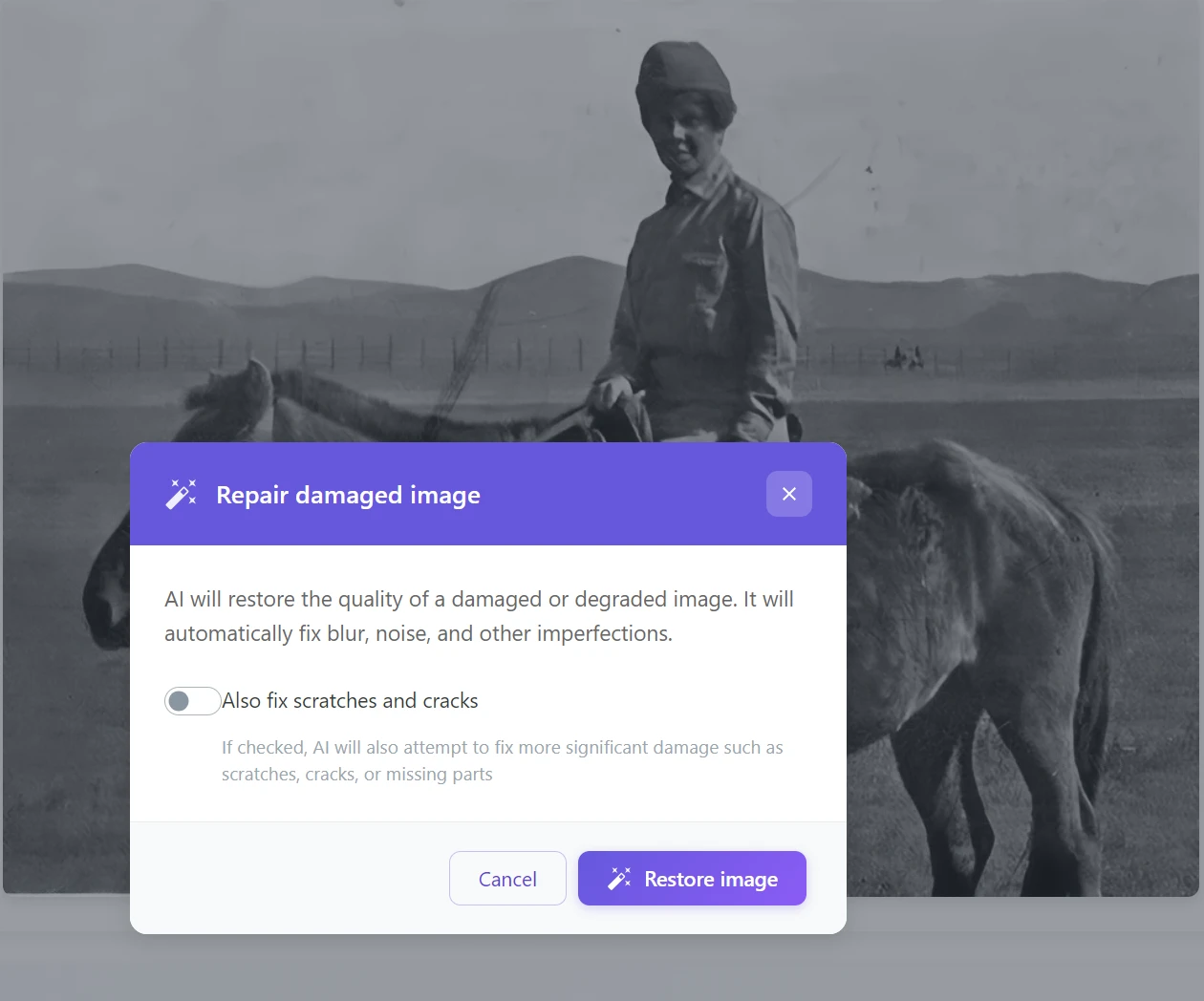 Rozhraní GuideGlare pro nahrání staré fotografie k AI restaurování