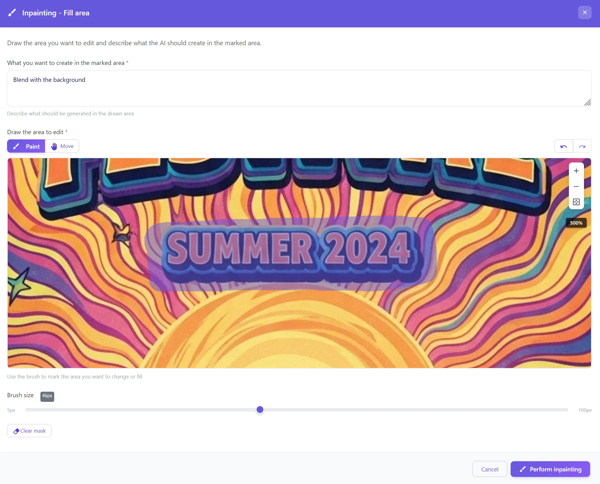 Označení textu Summer 2024 štětcem v rozhraní GuideGlare pro AI inpainting