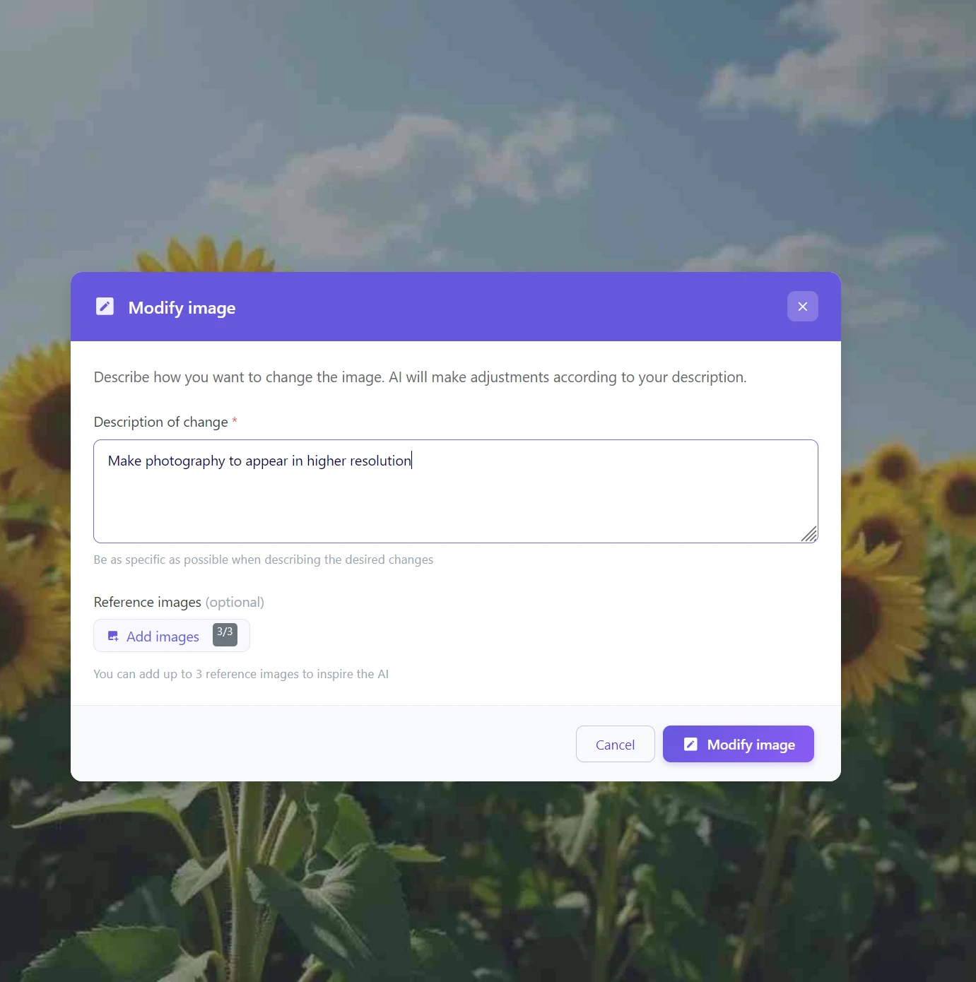 Dialog Modify image v GuideGlare s popisem úpravy pro zlepšení kvality fotografie