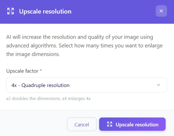 Dialog Upscale resolution v GuideGlare s výběrem koeficientu 4x Quadruple resolution
