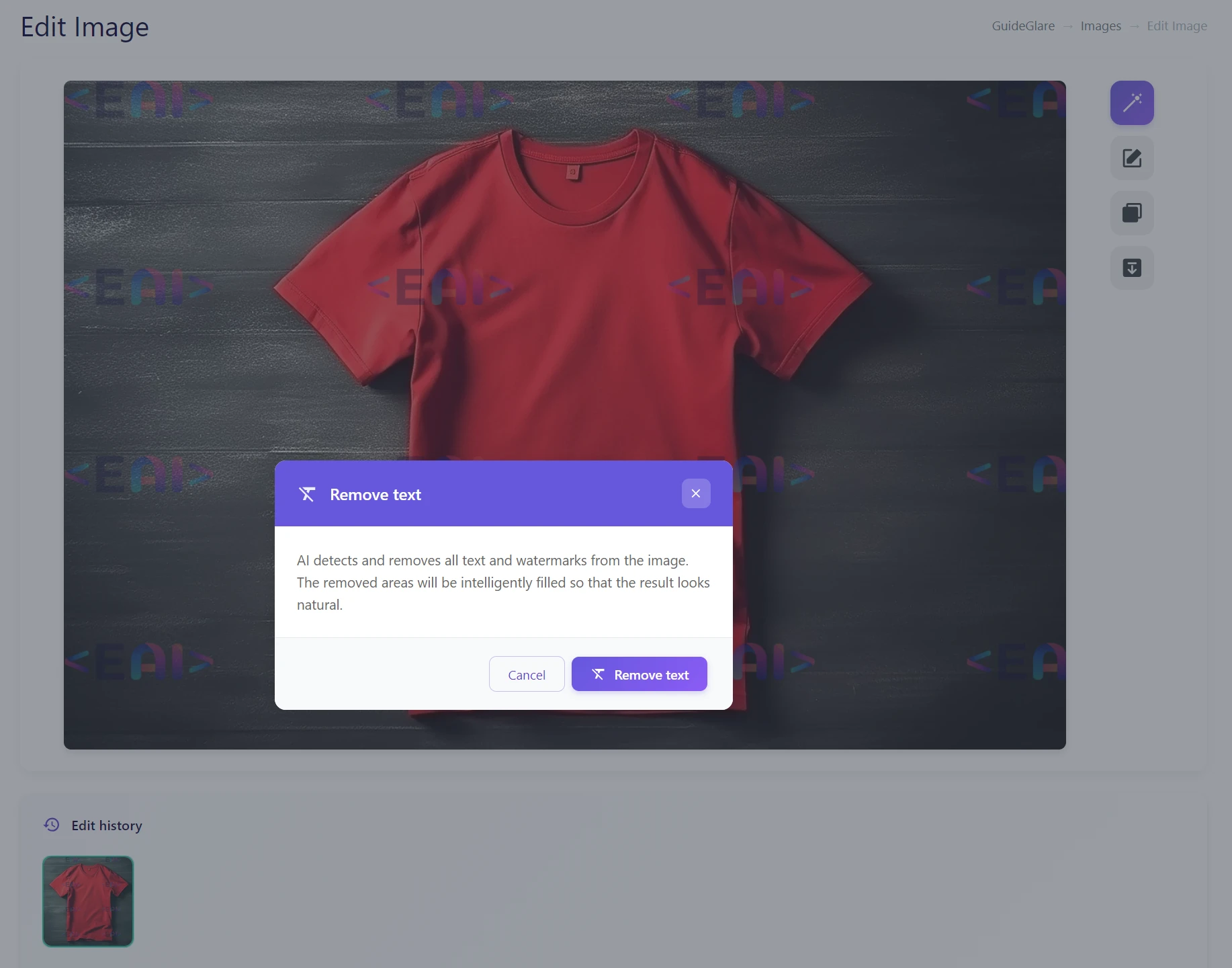 Dialog "Remove text" v rozhraní GuideGlare s tlačítkem pro odstranění textu a vodoznaků pomocí AI