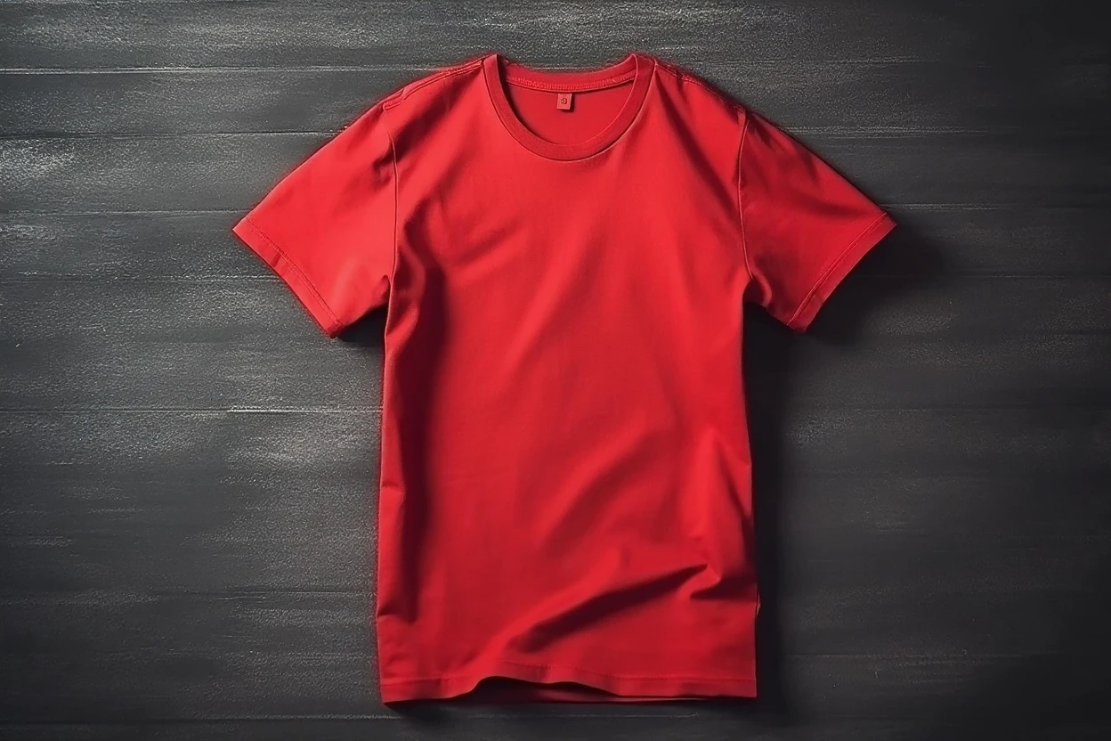 Čistá produktová fotka červeného trička bez textu po AI úpravě