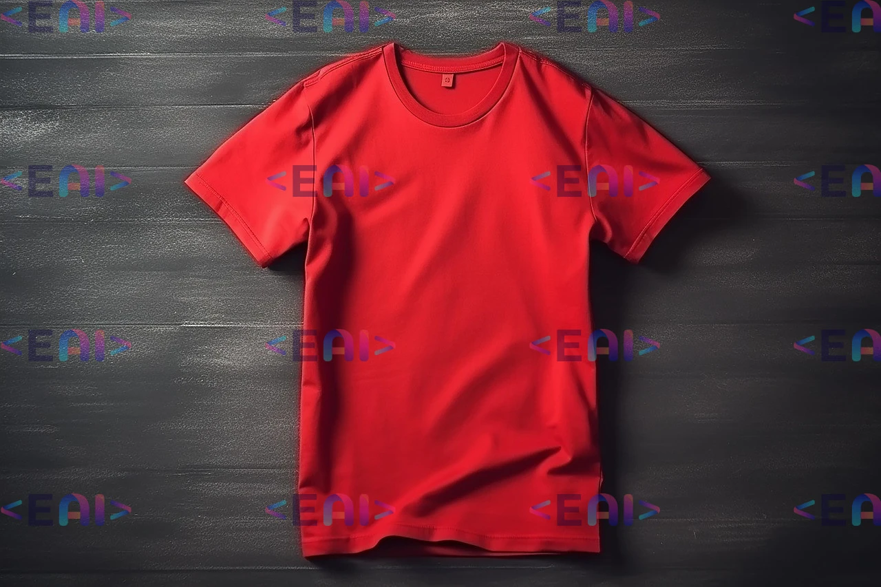 Produktová fotka červeného trička s opakujícím se textem <EAI> přes celý obrázek