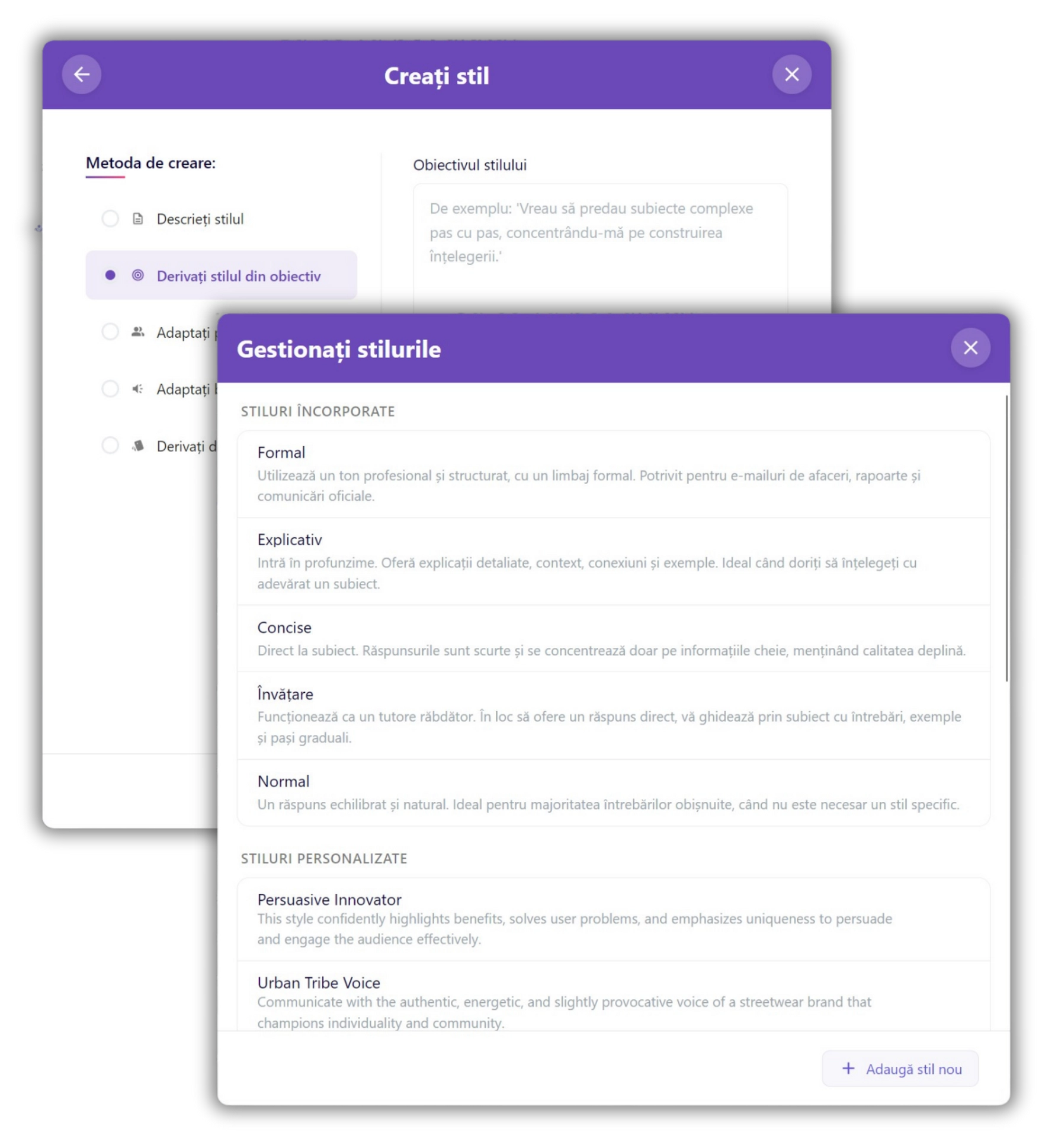 Setarea stilurilor inteligență artificială chat în română