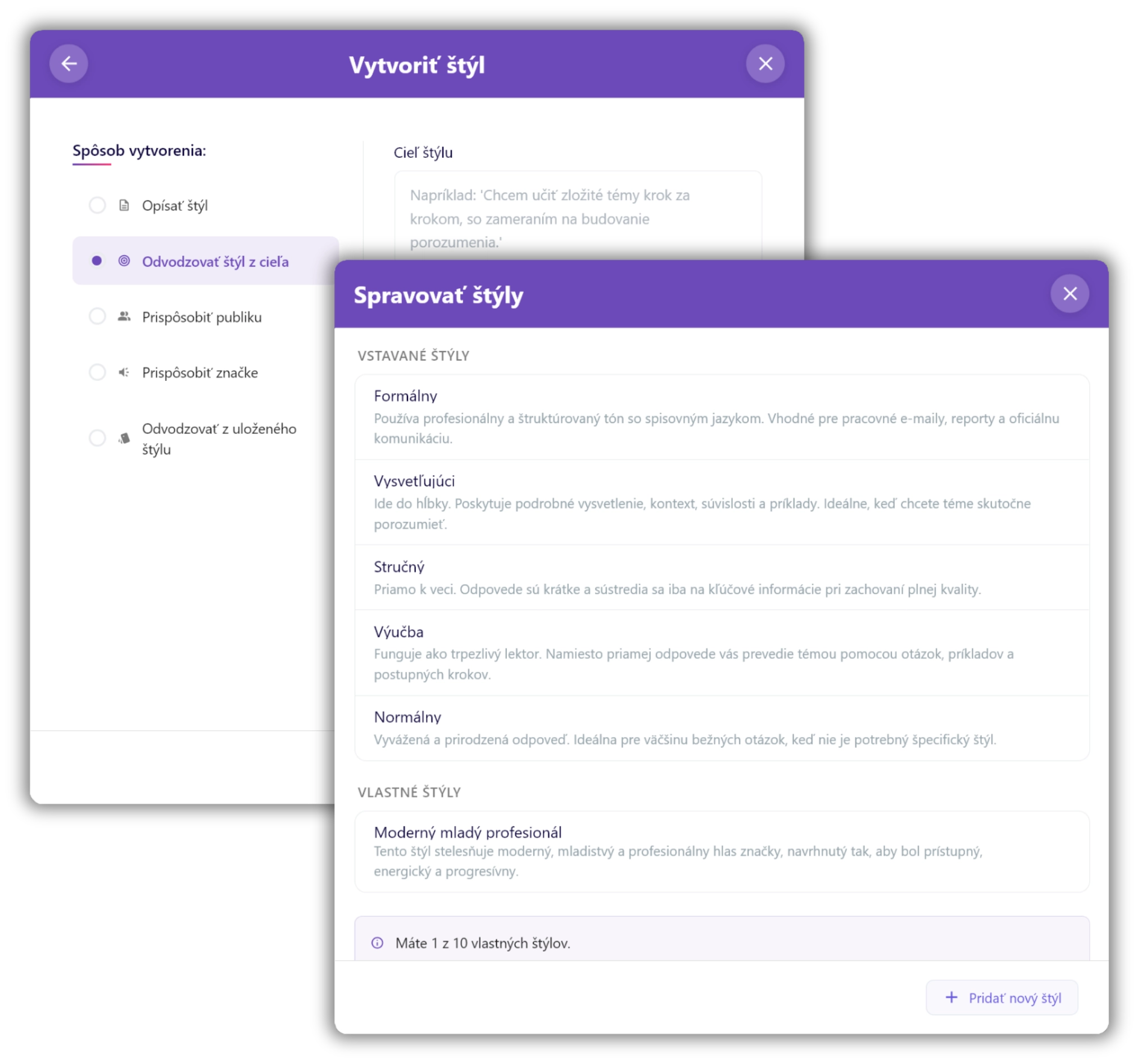 Nastavenie štýlov umelej inteligencie chat slovensky