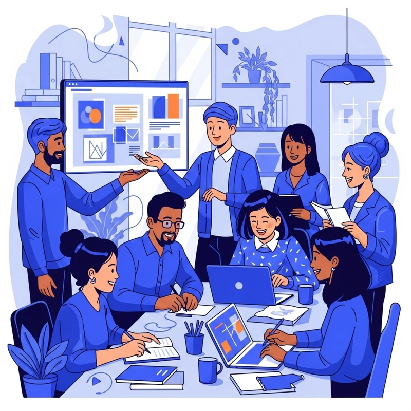 Realistická AI ilustrace týmu v kanceláři vygenerovaná z textu