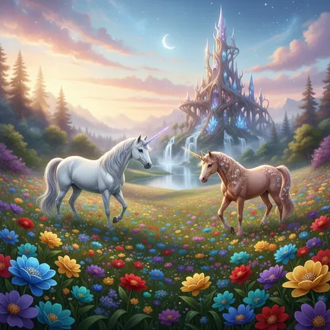 Ilustração de IA de unicórnios num prado florido