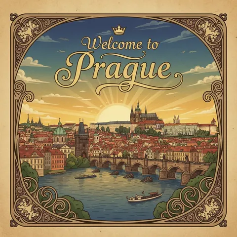 Cartaz gerado por IA Welcome to Prague com os monumentos de Praga