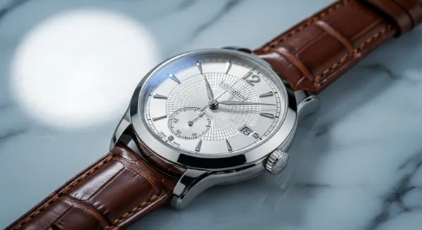Horloge met bruine leren band op een lichte steen
