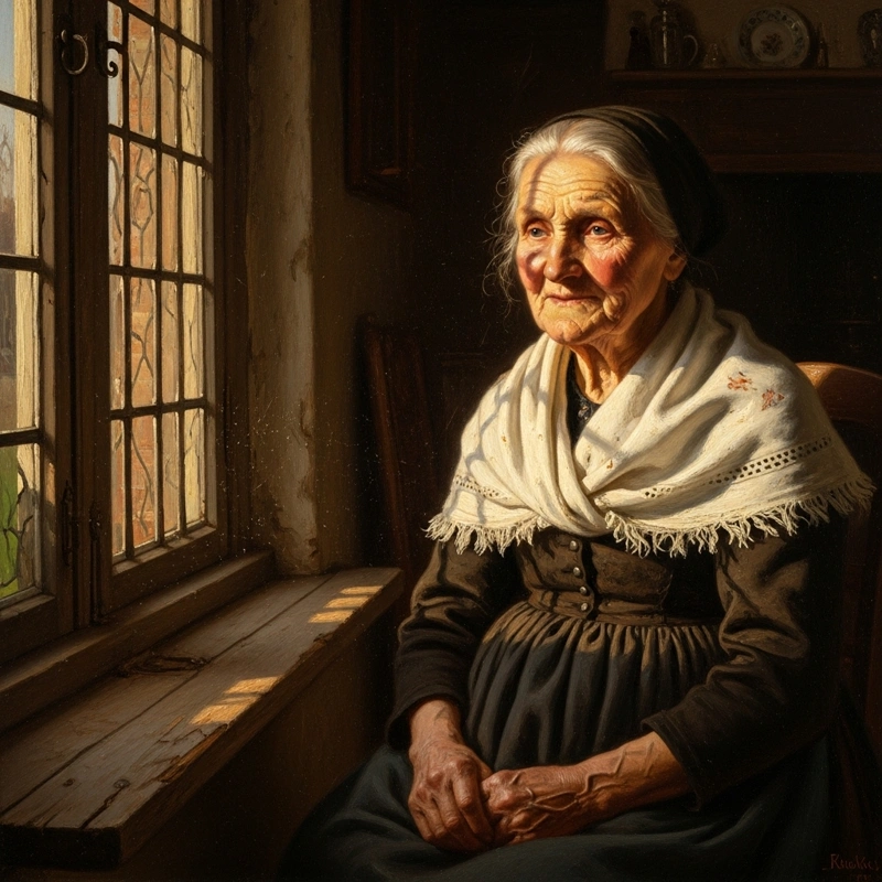 AI obrázek starší ženy ve stylu Rembrandta, osvětlené zapadajícím sluncem.