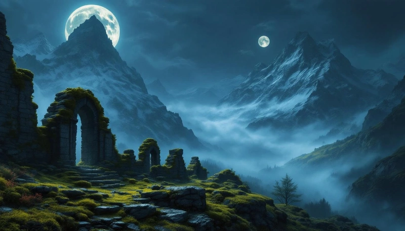 Epická fantasy krajina s ruinami a horami.