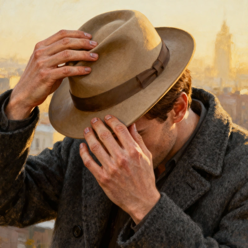 Muž s anatomicky správnýma rukama držící klobouk.