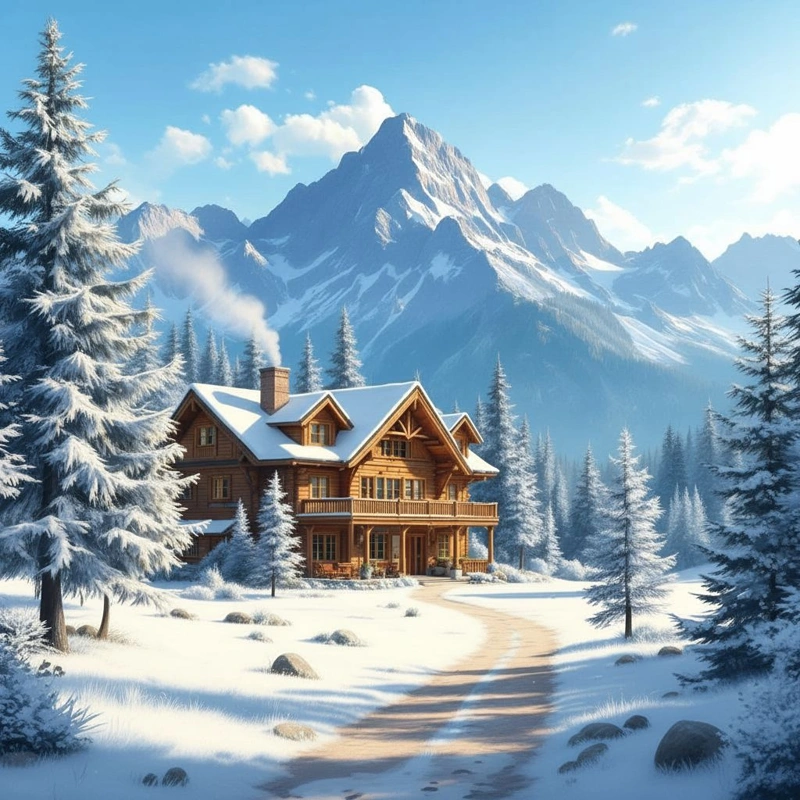 Das gleiche Hotel im Winter, generiert mit KI.