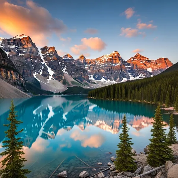 Mountain lake surrounded by peaks on a sunny day