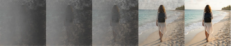 Diagram ukazující přeměnu náhodného šumu na detailní obrázek