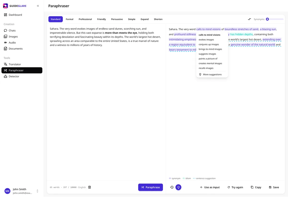 Parafrasatore nell'app GuideGlare: 8 modalità di riscrittura, sinonimi al click e revisione di modi di dire