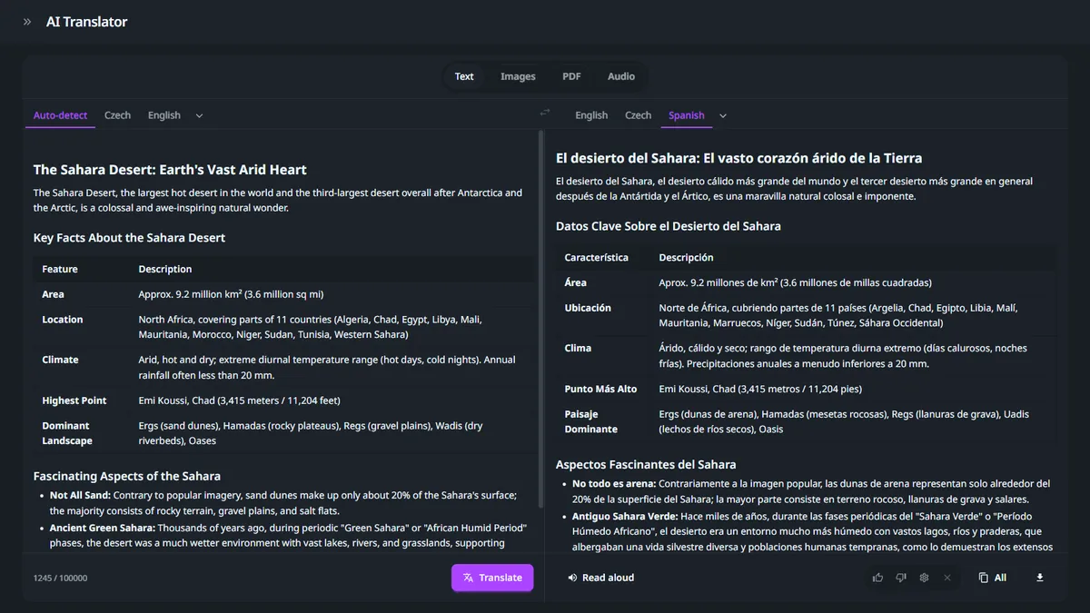 GuideGlare AI Translator – example of translating a formatted document with tables and bullet points