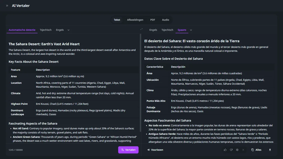 GuideGlare AI-vertaler – voorbeeld van vertaling van een opgemaakt document met tabellen en lijsten